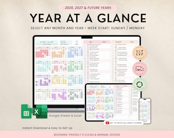 Year at a Glance Calendar Google Sheets & Excel Template, Yearly Planner, Auto Updating Calendar, Start Any Month, Events Content Planner
