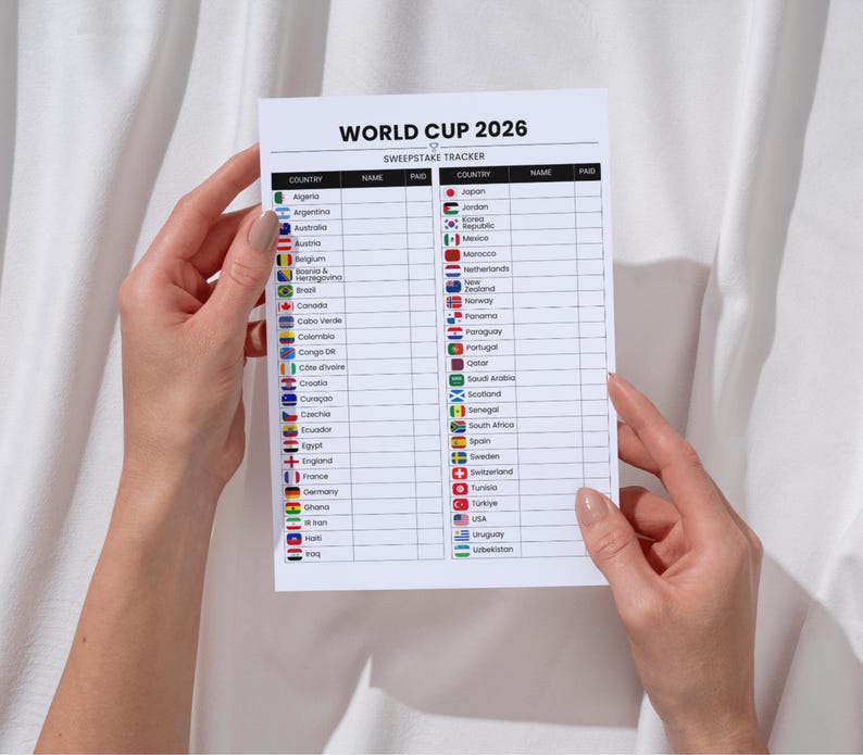 May include: A white paper titled "WORLD CUP 2026 SWEEPSTAKE TRACKER" is held by hands. The paper has columns for country, name, and paid, with a list of countries and their flags. The paper is against a white background.