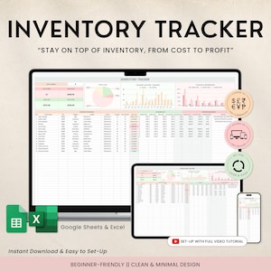 May include: A digital inventory tracker displayed on a laptop, tablet, and smartphone. The screen shows data charts and spreadsheets. The text reads "INVENTORY TRACKER" and "STAY ON TOP OF INVENTORY, FROM COST TO PROFIT". Includes Google Sheets & Excel icons.