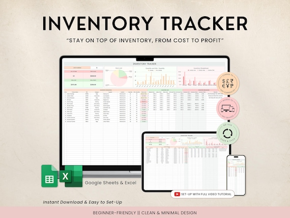 Inventory Tracker Google Sheets Excel Template Inventory Management, Stock, Reorder Alerts, Small Business Profit Tracking Inventory Log