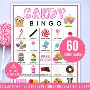Könnte beinhalten: Eine rosa und weiße Candy Bingo Spielkarte mit verschiedenen Süßigkeiten-Illustrationen. Die Karte enthält den Text "Candy Bingo" und "60 Unique Cards". Ein rosa und weißer Wirbellutscher befindet sich im Vordergrund. Das Format ist US Letter.