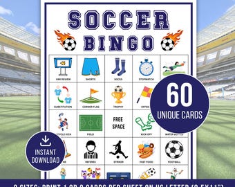 Voetbalbingogames, 60 voetbalbingokaarten, afdrukbare voetbalbingo, voetbalfeestspel, voetbalactiviteit, bingospel voor kinderen, pdf