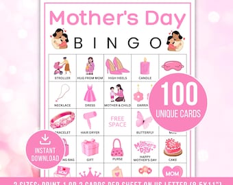 Moederdagbingo, 100 Moederdagbingokaarten, Afdrukbaar Moederdagfeestspel, Moederdagactiviteit voor kinderen, activiteit in de klas