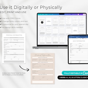 May include: A digital planner displayed on a laptop, tablet, and printed forms. The text reads "Use it Digitally or Physically" and "Edit, Print and Use." The planner is fully editable in Canva and available in four sizes.