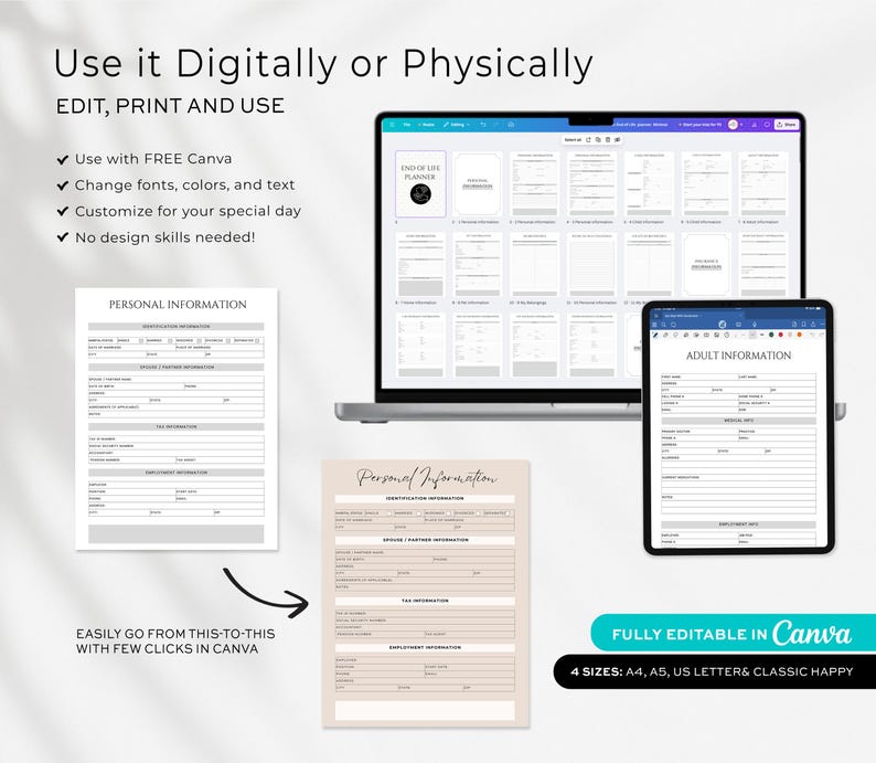 May include: A digital planner displayed on a laptop, tablet, and printed forms. The text reads "Use it Digitally or Physically" and "Edit, Print and Use." The planner is fully editable in Canva and available in four sizes.