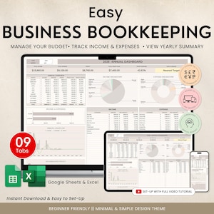 Puede incluir: Plantilla digital de contabilidad empresarial que se muestra en un monitor de ordenador, una tableta y un smartphone. La imagen incluye el texto "Easy Business Bookkeeping" y "Manage Your Budget". Los iconos y el texto resaltan las características.