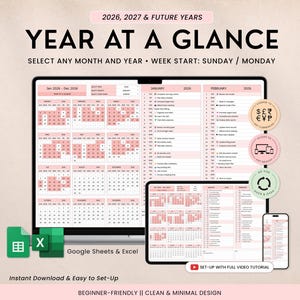 Year at a Glance Calendar Template, Excel Yearly Planner, Auto Updating Calendar, Start Any Month, Google Sheets Planner, Event Calendar