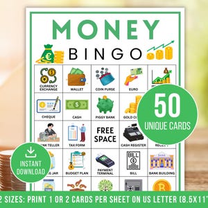 May include: Money Bingo game card with a green border. The card features illustrations of money-related items like a wallet, piggy bank, and cash register. Text includes "Money Bingo", "50 Unique Cards", and "Instant Download".