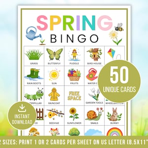 May include: A Spring Bingo game card featuring spring-themed illustrations such as a butterfly, wellington boots, and a rabbit. The card displays the text "Spring Bingo" and "50 Unique Cards". Available in two sizes, print 1 or 2 cards per sheet on US Letter (21.6 x 27.9 cm) paper.