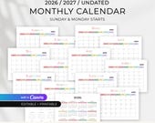 2026 2027 Monthly Calendar, Minimalist Printable Monthly Calendar,  Sunday Start Monday Start Calendar, Colorful Planner, A4/Letter - PDF
