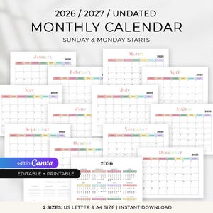May include: A collection of undated monthly calendars for 2026 and 2027, with Sunday and Monday start dates. Each month is displayed on a separate page with pastel-colored headers. The calendars are available in US Letter and A4 sizes, and are editable and printable.