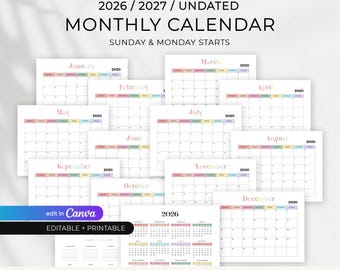2026 2027 Monthly Calendar, Minimalist Printable Monthly Calendar,  Sunday Start Monday Start Calendar, Colorful Planner, A4/Letter - PDF