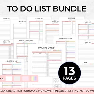 May include: A bundle of printable to-do lists with the text "TO DO LIST BUNDLE". The bundle includes 13 pages in various formats, such as daily, weekly, and monthly lists. The color scheme is a soft pastel palette.