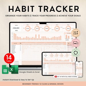 Habit Tracker Tabelle Google Sheets Excel Digitale tägliche Routine Produktionsplaner Tabelle, wöchentliche monatliche Gewohnheit, Zielplaner