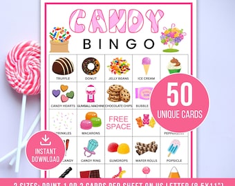 Candy Bingo, 50 Candy Bingo Cards, Sweet Treats Bingo, Printable Candy Activity, Candy Party Game, Candy Themed Birthday Party for kids