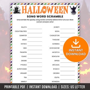 Op de afbeelding: Een Halloween woordzoeker spelblad met een witte achtergrond, oranje tekst en een gestreepte rand. De pagina bevat een lijst met door elkaar gehaalde woorden om te ontcijferen, een afbeelding van een spookhuis, een spin en een silhouet van een heks.