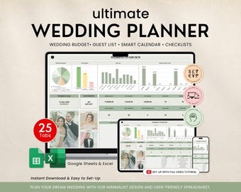 Hoja de cálculo para planificador de bodas, hoja de cálculo de presupuesto de boda, presupuesto de Google Sheets para bodas, lista de verificación para la planificación de bodas, plano de asientos de Excel