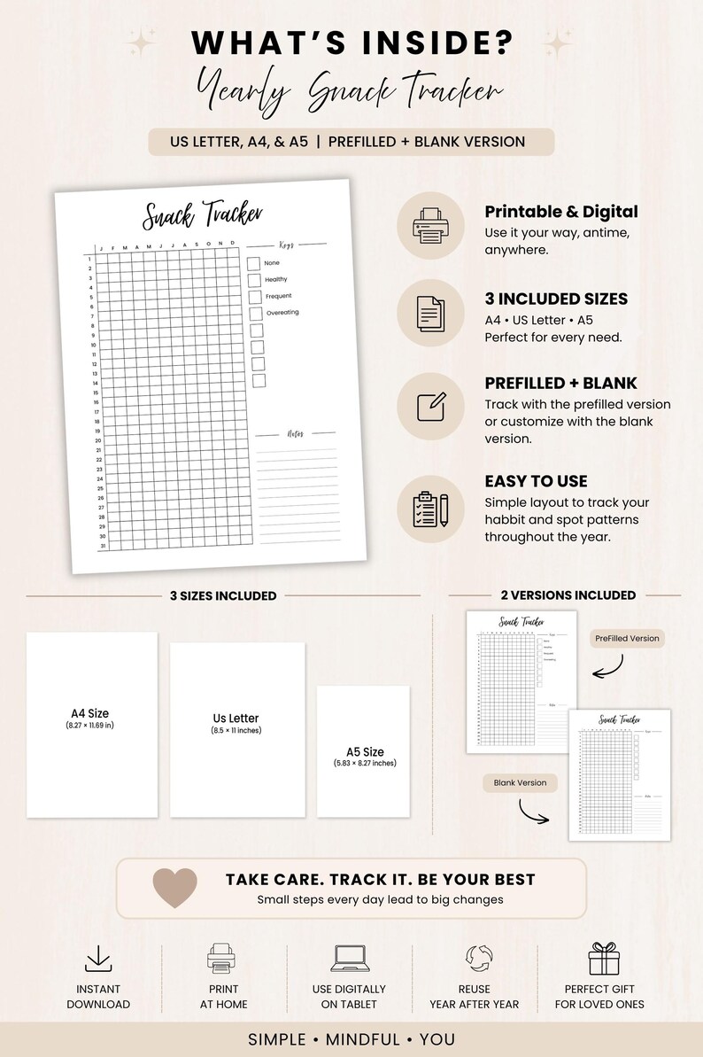 Snack Tracker, Printable Journal Page, Daily Snack Log, Eating Habit Tracker, food habit log, craving tracker, Snack Log, Instant Download
