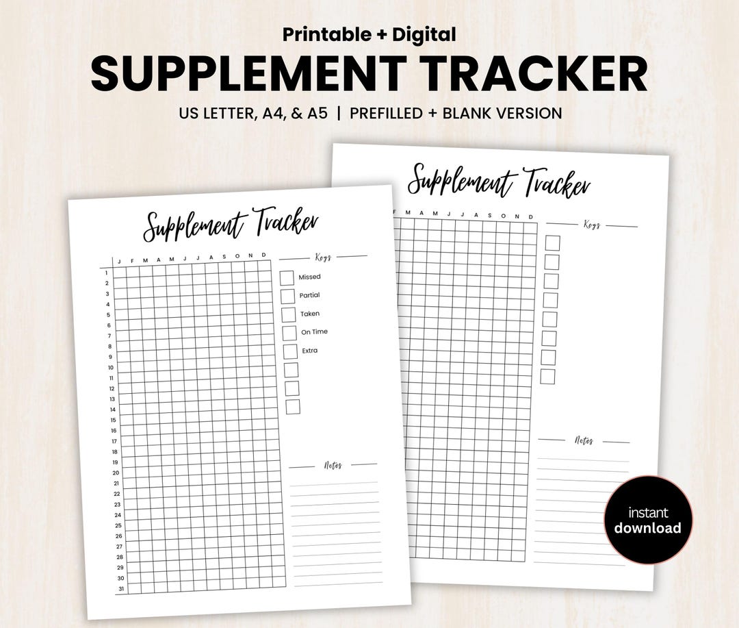 Supplement Stack Log Supplement Tracker Printable PDF – Daily Vitamin & Medication Log ...