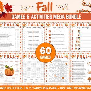 May include: A digital printable bundle featuring fall-themed games and activities, including Ever or Never, Would You Rather, Roll and Share, Emoji Challenge, Who Is Most Like a Pumpkin, Word Search, Maze, and Pass the Prize, sized for US Letter.