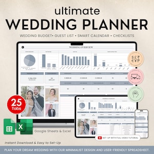 Wedding Planner Spreadsheet, Wedding Budget Tracker, Wedding Planning Timeline Checklist, Guest List Tracker, Wedding Itinerary Seating Plan