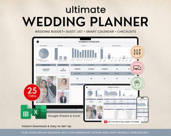 Hochzeitsplaner Tabelle, Hochzeitsbudget Tracker, Hochzeitsplanung Timeline Checkliste, Gästeliste Tracker, Sitzplan für die Hochzeitsplanung