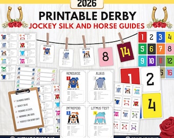 Lista de caballos del Derby de Kentucky 2026, decoración para la fiesta del 152.º Derby, sedas de jockey y caballos del Derby de Kentucky, descarga instantánea para imprimir (PDF).