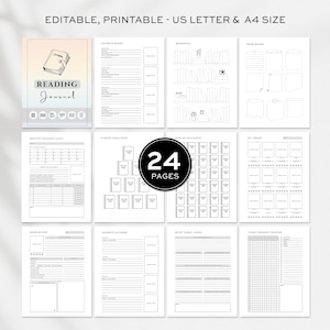Editable Book Reading Journal,  Printable Reading Planner Bundle,  Book Trackers & Logs, Reading Challenge, Book Review Monthly Yearly, Canva Template