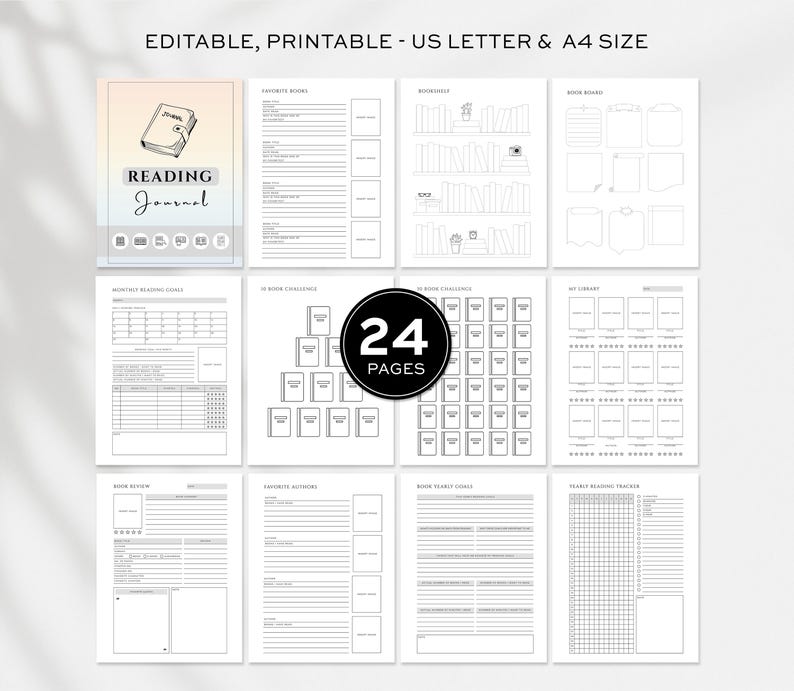 Editable Book Reading Journal,  Printable Reading Planner Bundle,  Book Trackers & Logs, Reading Challenge, Book Review Monthly Yearly, Canva Template