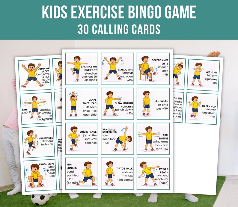 Kids Exercise Bingo, Exercise Bingo Cards, Printable Fitness Bingo Game, Kids Indoor Recess Activity, Classroom Bingo game, Instant Download