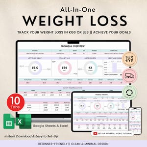 Op de afbeelding: Digitale gewichtsverlies tracker weergegeven op meerdere apparaten, waaronder een tablet, telefoon en computer. De interface toont voortgangsstatistieken, met de tekst "All-In-One WEIGHT LOSS". Inclusief Google Sheets en Excel.