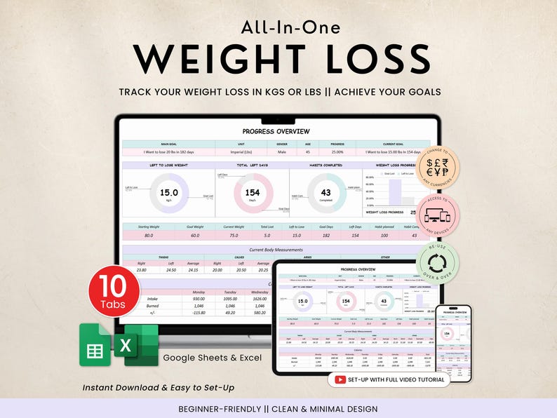 Weight Loss Tracker Google Sheets Template
Track your health journey with this editable Weight Loss Tracker Google Sheets Template. Log daily weight, measurements, calorie intake, workouts, and meals. Built-in charts show your progress visually. Perfect for anyone serious about weight loss, fitness goals, or forming healthy habits with a digital planner.