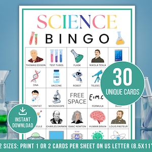 May include: A science bingo game card with a white border, featuring the words "SCIENCE BINGO" in bright colours. The card includes illustrations of scientific elements and famous scientists. The text "30 UNIQUE CARDS" and "INSTANT DOWNLOAD" are also visible.