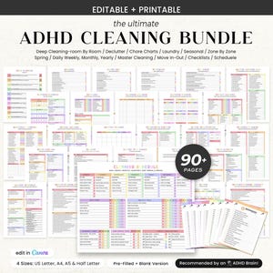 May include: A collection of printable ADHD cleaning bundles with colorful layouts. The bundle includes checklists, schedules, and charts for various cleaning tasks, such as deep cleaning, decluttering, and laundry. The text on the image says "ADHD Cleaning Bundle" and "90+ Pages".