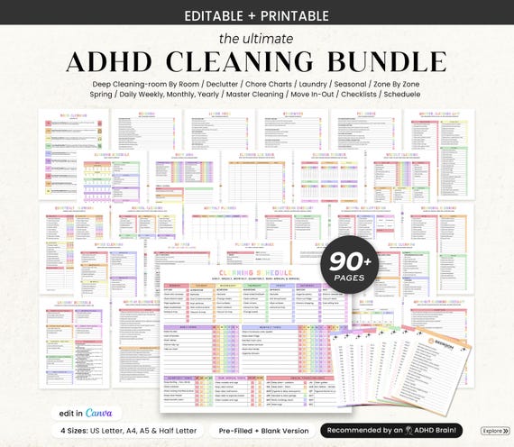 Adhd cleaning planner bundle, adhd cleaning schedule, adhd cleaning checklist, adhd cleaning chore chart, editable Adhd cleaning list, Canva