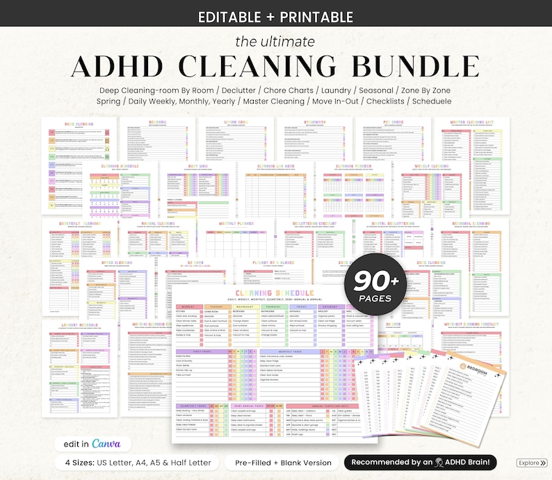 ADHD cleaning planner bundle with editable Canva templates, colorful chore chart, cleaning checklist and daily schedule pages designed for easy focus and organization