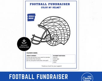 Plantilla para recaudar fondos "Llena mi casco", plantilla editable para recaudar fondos con casco de fútbol americano, folleto para recaudar fondos con fútbol americano, descarga instantánea