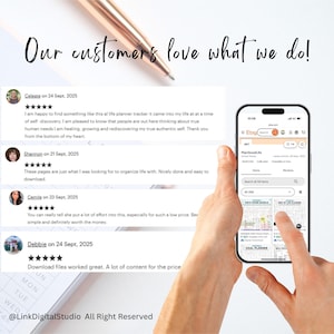 May include: Image shows a smartphone displaying an Etsy shop, PlanGoodLife, with customer reviews. The text "Our customers love what we do!" is at the top. A rose gold pen is also visible. The reviews are positive, mentioning organization and self-discovery.