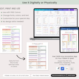 May include: A digital cleaning schedule displayed on a laptop, tablet, and printed on paper. The schedule is colorful and includes the text "EDIT, PRINT AND USE" and "CLEANING SCHEDULE". The image also includes the text "Use it Digitally or Physically".