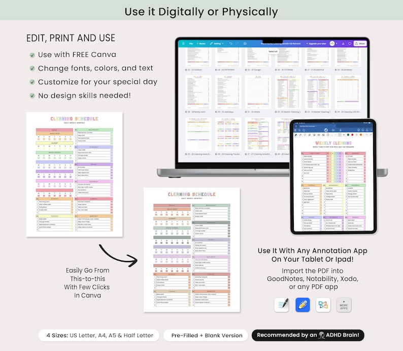 May include: A digital cleaning schedule displayed on a laptop, tablet, and printed on paper. The schedule is colorful and includes the text "EDIT, PRINT AND USE" and "CLEANING SCHEDULE". The image also includes the text "Use it Digitally or Physically".