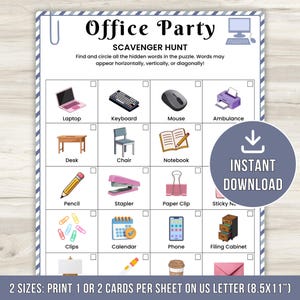 May include: A printable "Office Party Scavenger Hunt" game featuring office-related illustrations such as a laptop, keyboard, and stapler. The game includes the text "Office Party Scavenger Hunt" and "Instant Download". The paper size is 21.6 x 27.9 cm.
