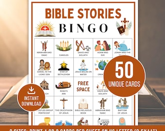 Bible Bingo, 50 Bible Stories Bingo Cards, Bible Bingo Game, Bible Activity For Kids, Church Bingo Game, Bible Stories Game, Sunday School