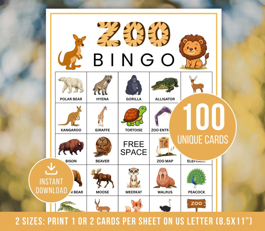 Zoo Bingo, 100 Zoo Bingo Cards, Printable Animal Bingo, Zoo Party Game ...