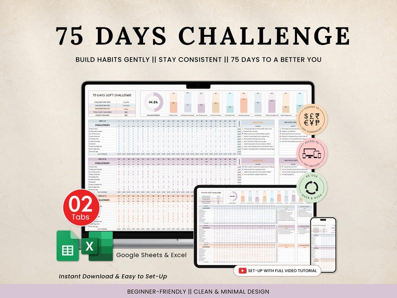 75 Challenge Spreadsheet Fitness Tracker Template 75 Easy Challenge ...
