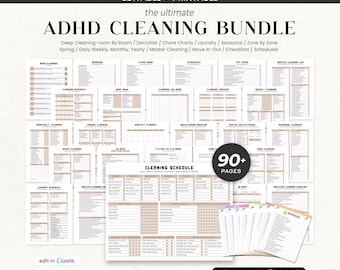 May include: A printable ADHD cleaning bundle with over 90 pages, including checklists, schedules, and charts. The bundle includes deep cleaning, decluttering, and zone-by-zone cleaning guides. Available in US Letter, A4, A5, and half-letter sizes. The text "ADHD Cleaning Bundle" is displayed.