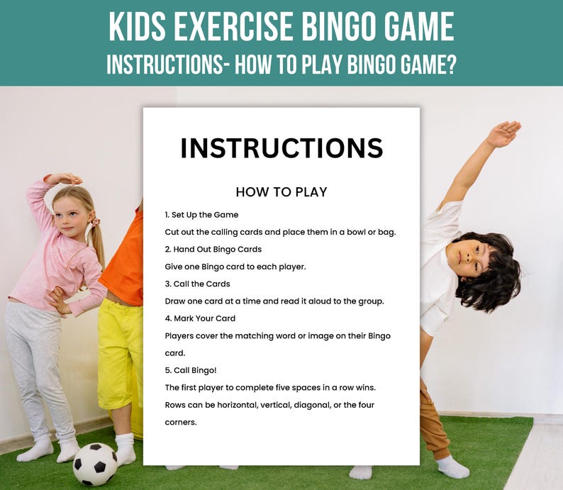 Kids Exercise Bingo, Exercise Bingo Cards, Printable Fitness Bingo Game, Kids Indoor Recess Activity, Classroom Bingo game, Instant Download
