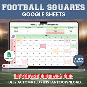 Puede incluir: Una pantalla de portátil muestra una plantilla de juego de recaudación de fondos de cuadrados de fútbol en Google Sheets. La pantalla muestra una cuadrícula con los resultados de los equipos, los ganadores y los importes de los pagos. El texto superior dice "FOOTBALL SQUARES GOOGLE SHEETS".
