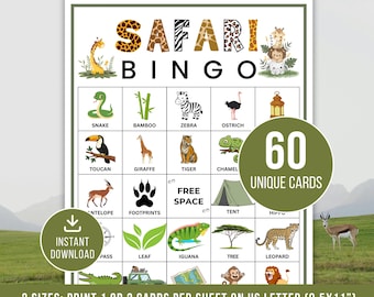 Safari Bingo Game, 60 Printable Safari bingo Cards, Safari bingo, Jungle Party Game, Fun Safari games for Kids, Animal Birthday Activity