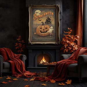 Happy Summerween Wall Art Print, Vintage Halloween Decorations, Spooky Summer Poster, Ghost Pumpkin Bat Art, Retro Home Decor, Gift