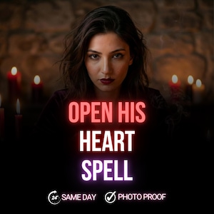 May include: A woman with dark hair and red lipstick is centered in front of a dark background. The words "OPEN HIS HEART SPELL" are in red and purple neon-style text. Lit candles are in the background.